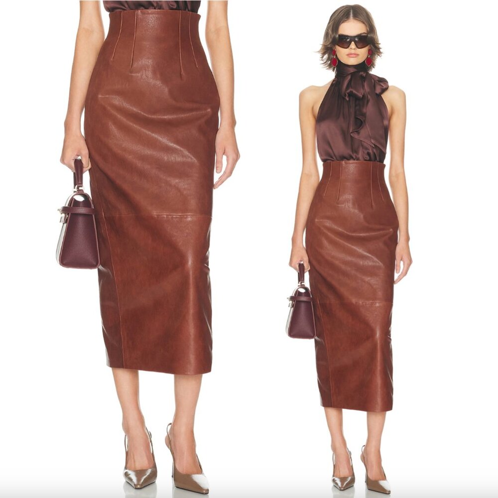 NEW Helsa The Svelte Leather Midi Skirt in Cognac Brown High Waisted XXS